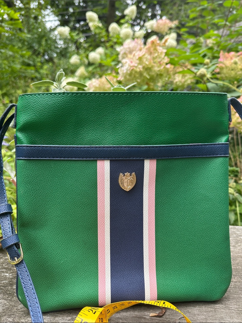 Green Crossbody Bag with Navy & Pink Stripe
